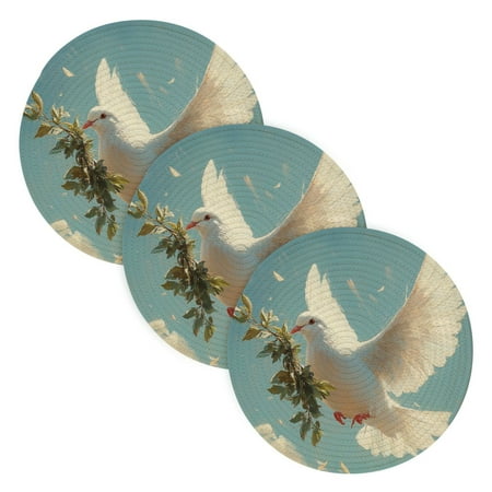 

White Pigeon Holding Leaves Hot Pots Trivets Polyester Place Mats Circular Potholders Set of 3 for Kitchen Dining Table