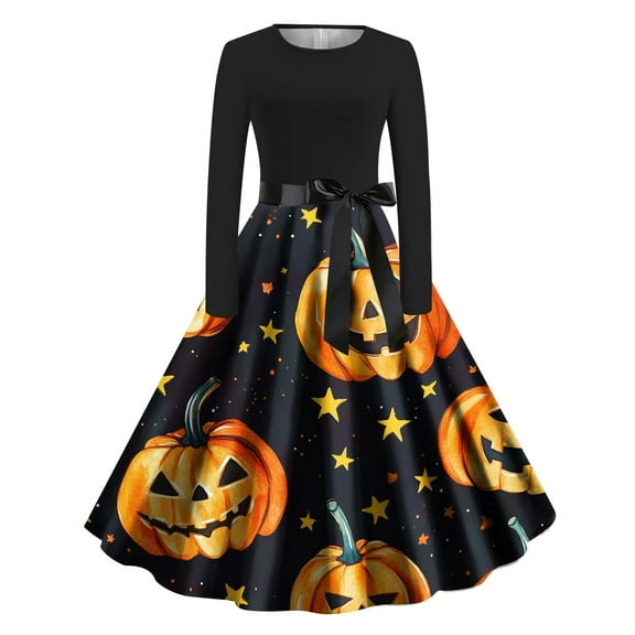 Mingw Long Sleeve Halloween Graphic Dresses for Women Funny Costume Festival Maxi Dresses