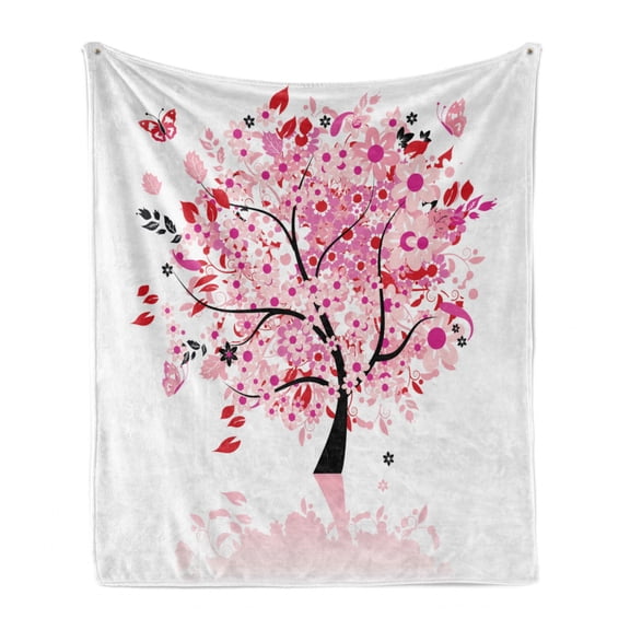 Tree Soft Flannel Fleece Throw Blanket, Abstract Tree with Floral Burst Blossoms Daisies Leaves Butterflies Forest, Cozy Plush for Indoor and Outdoor Use, 50" x 60", White Brown Pink, by Ambesonne