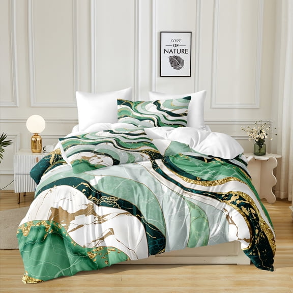 Green Gold Queen Comforter Set 4 Pcs Abstract Marble Bedding Set for Boys Girls Soft Cozy Lightweight Fluid Marble Bedding for All Seasons 1 Comforter 2 Pillowcases 1 Cushion Cover