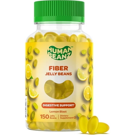 Human Beanz Fiber Jelly Beans for Adults, Prebiotic Fiber Supplement for Digestive Health, Chicory Root Inulin, Vegetarian Gluten-Free Kosher Halal, 150 Lemon Gummies