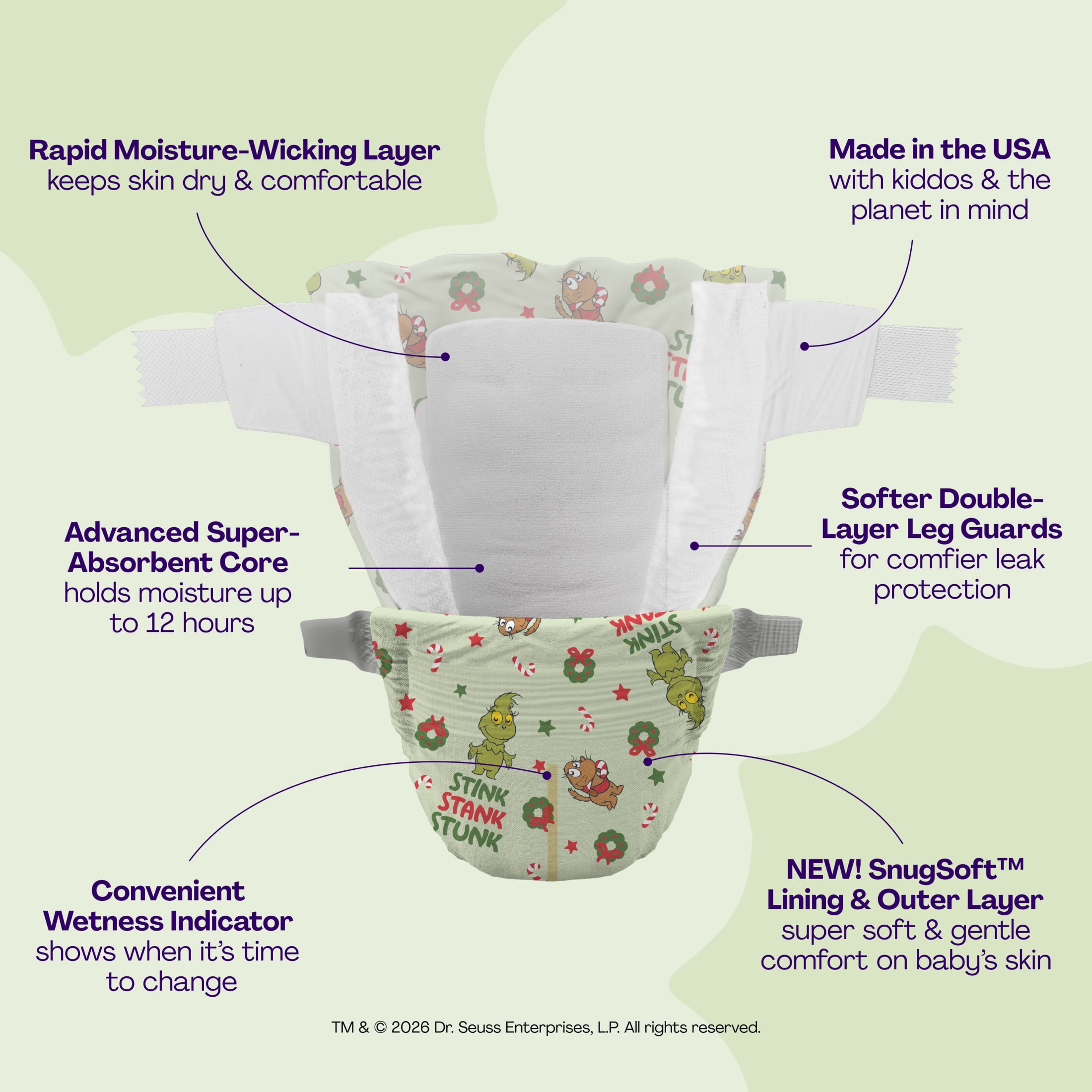 Hello Bello Premium Baby Grinch Diapers Club Box with Bonus Wipes - Size 4, 48 Count