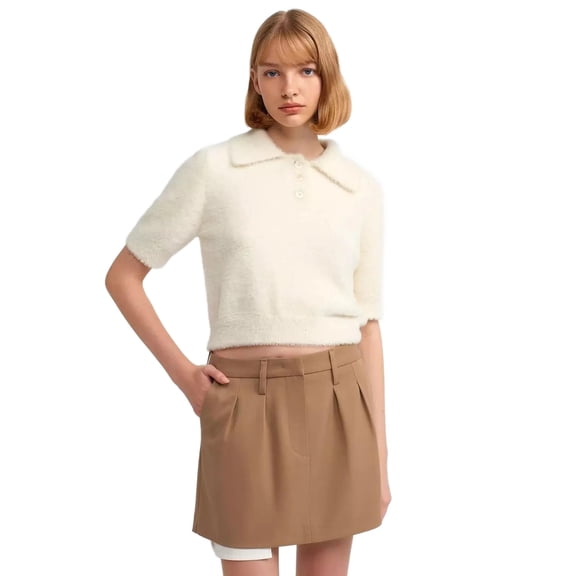 Shirt Collar Buttoned Short Sleeve Fluffy Sweater