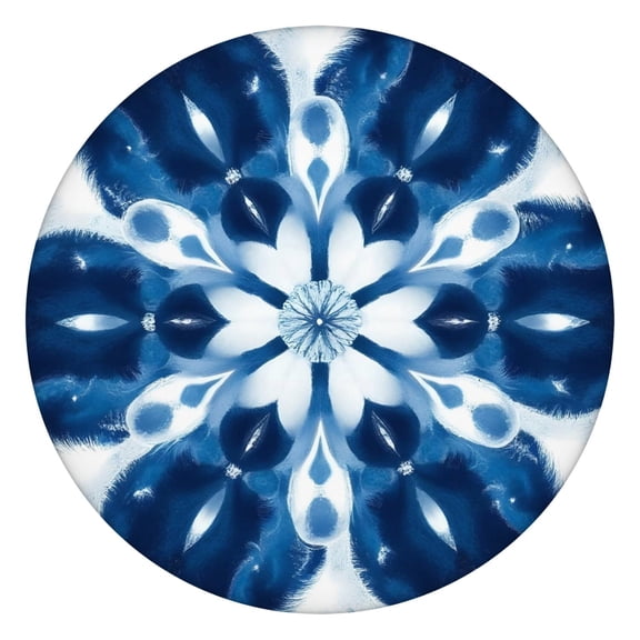 Indigo Tie Dye Floral Mandala Round Fitted Tablecloth with Elastic Edge,Dining Table Cover Waterproof,Outdoor Round Tablecloth for Camping,Dining,Indoor and Outdoor