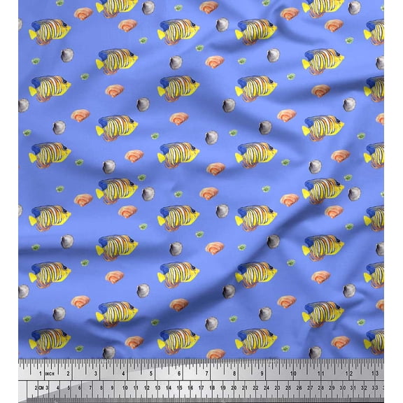 Soimoi Blue Georgette Viscose Fabric Fish & Shells Ocean Print Sewing Fabric Yard 42 Inch Wide
