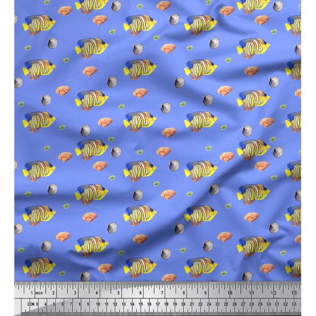 Soimoi Blue Georgette Viscose Fabric Fish & Shells Ocean Print Sewing Fabric Yard 42 Inch Wide
