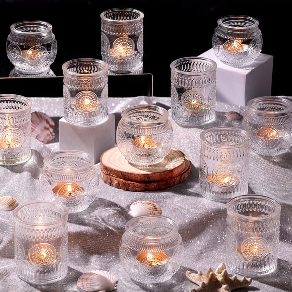 Juego de 24 velas votivas de cristal con portavelas DARJEN