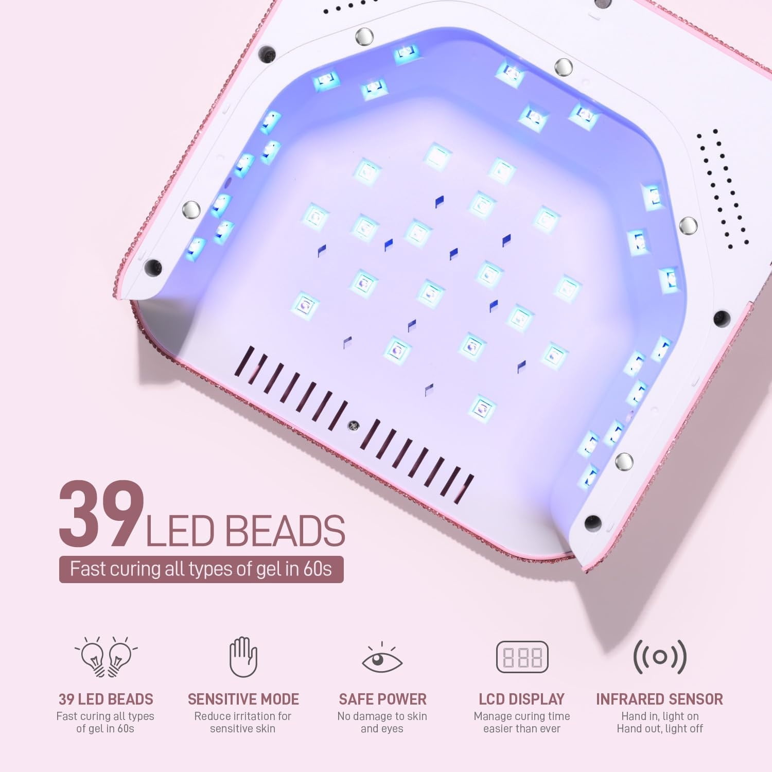 Cordless UV LED Nail Lamp for Gel Nails, Rechargeable UV Light, Professional Nail Dryer with 4 Timers, Automatic Sensor and Sensitive Mode for Fast Curing, Pink Diamond