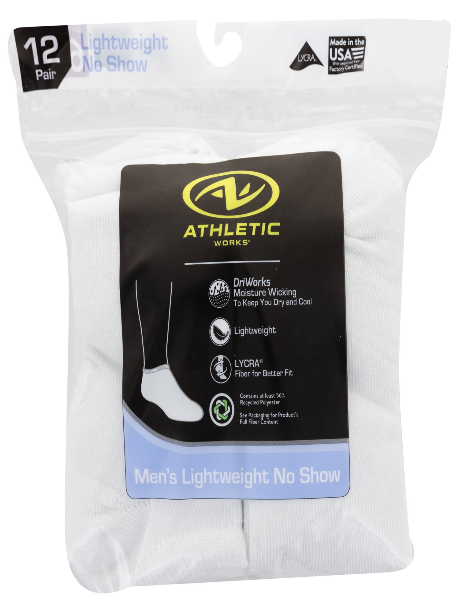 Athletic Works Men's Lightweight No Show Socks, 12-Pack, Moisture-Wicking, Lightweight Fabric, Fits Shoe Sizes 6-12