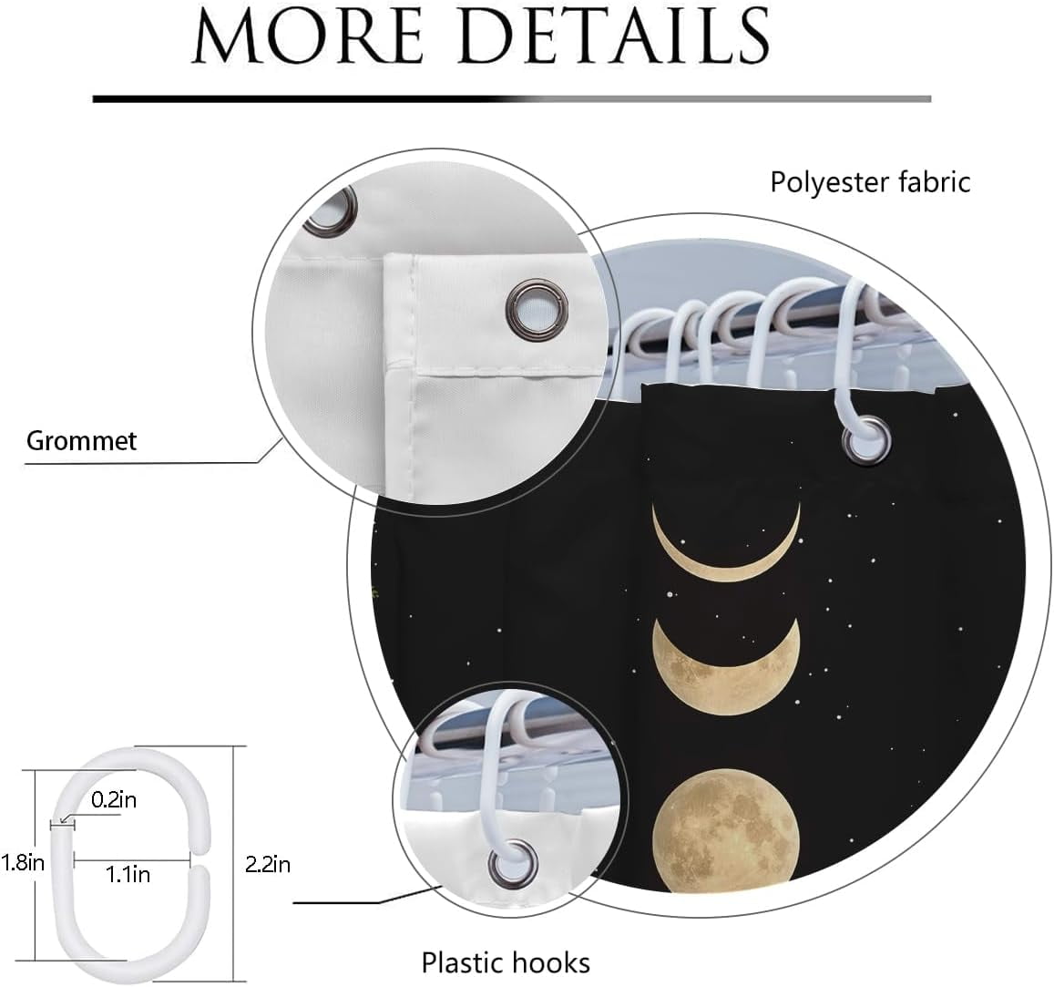 Moon Phase Shower Curtain 36x72 Inch Stall Harf Mini Size Stand up Standing Moonlit Celestial Leaves Plants Goth Gothic Witch Witchy Mysticism Bathroom Polyester Fabric Waterproof 7 Pack Hooks