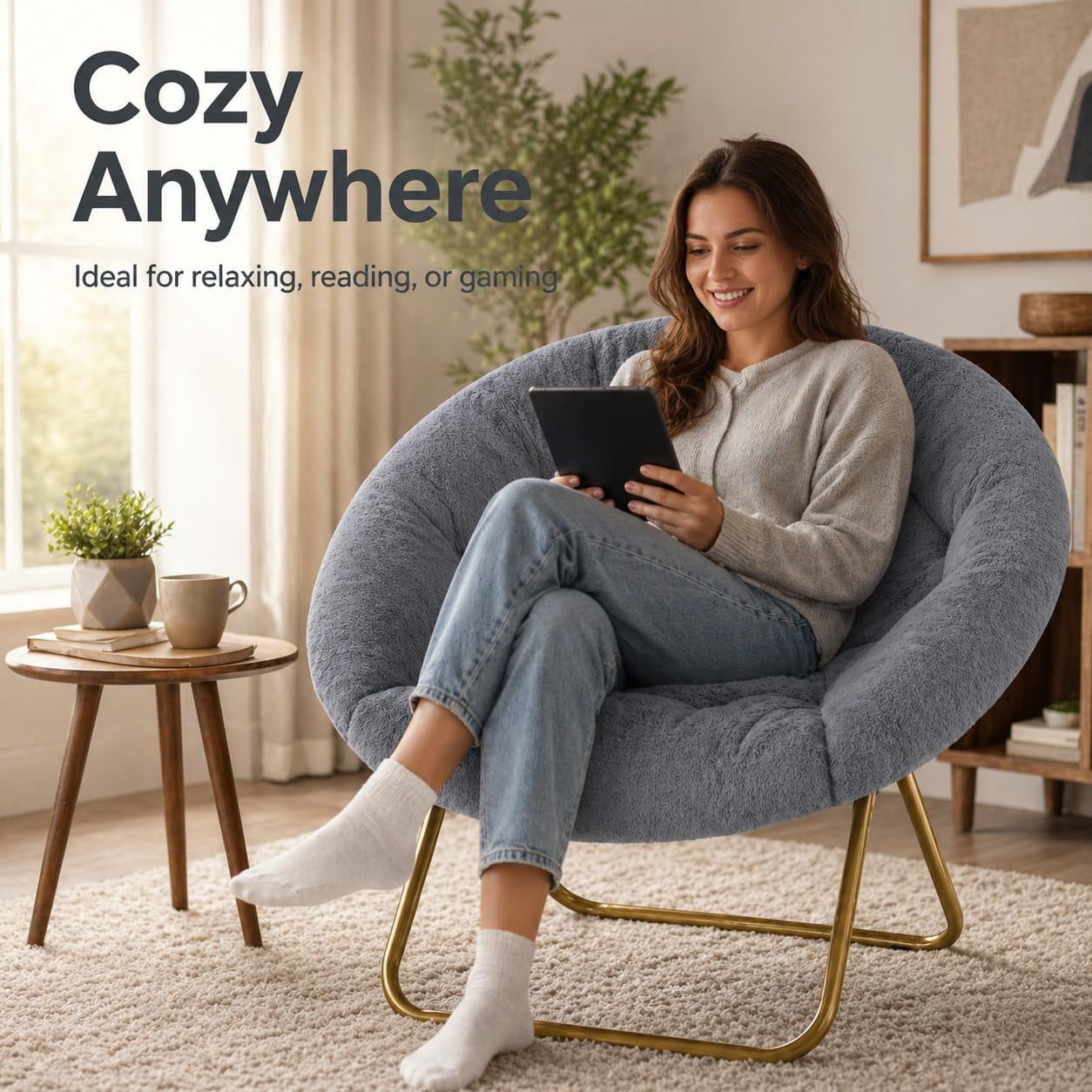 Cozy Chair, Faux Fur Saucer Chair for Bedroom, Comfy Foldable Moon Chair, Round Fluffy Chair for Living Room, Fuzzy Saucer Chairs for Adults Room, Grey