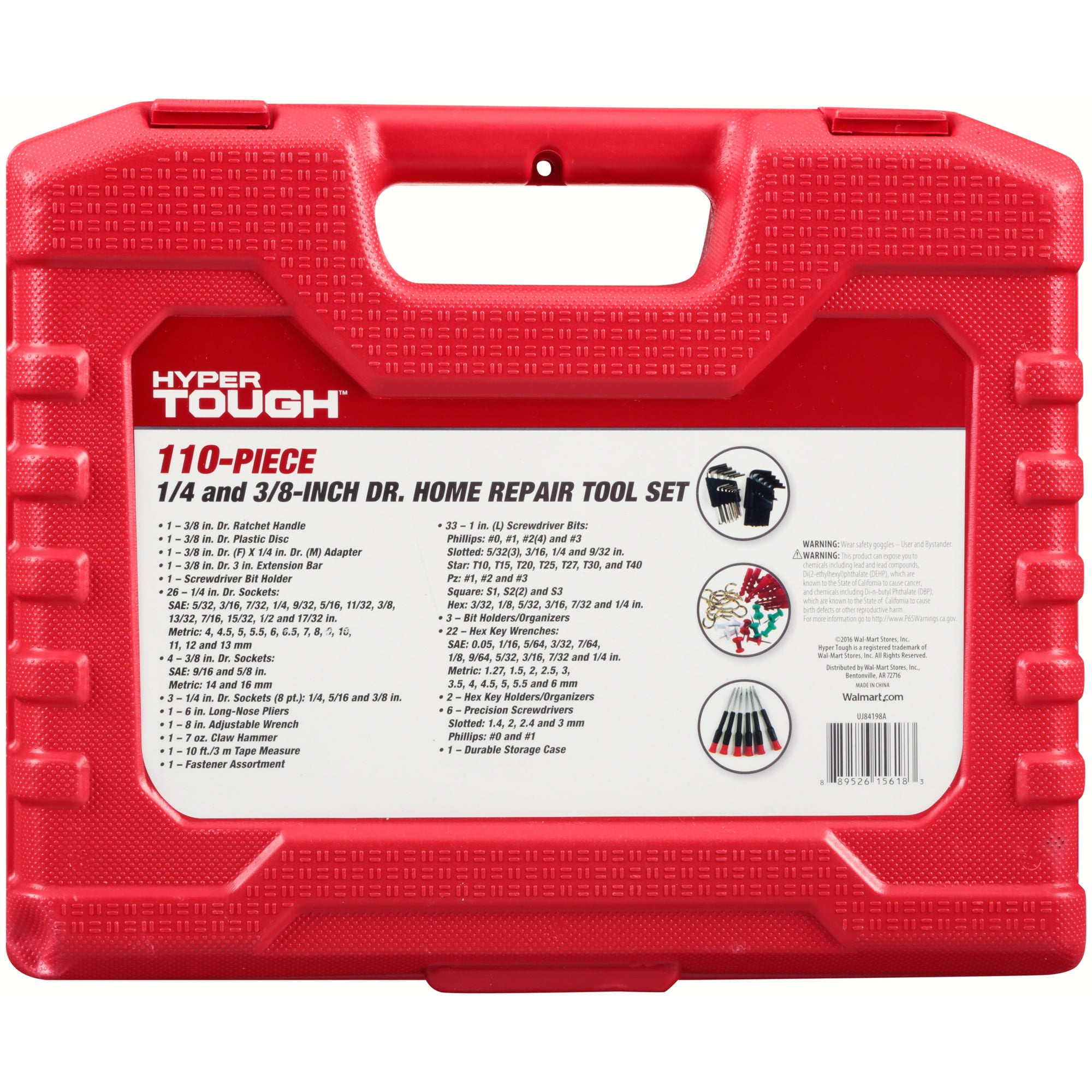 Hyper Tough 110-Piece 1/4" and 3/8" Drive Home Repair Tool Set with Case