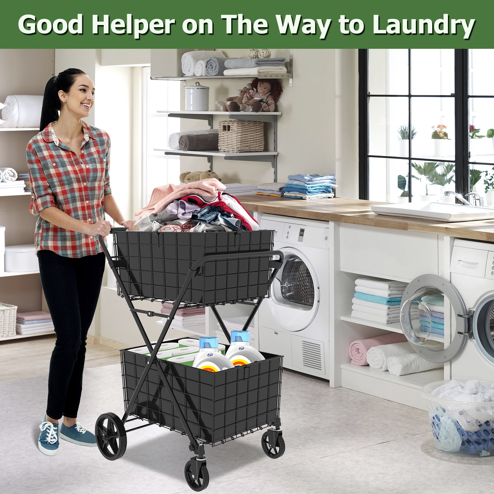 Jumbo Shopping Cart, 2 Layers Grocery Cart on Wheels, Foldable Utility Shopping Carts with Double Basket and 360° Rolling Swivel Wheels for Groceries Laundry
