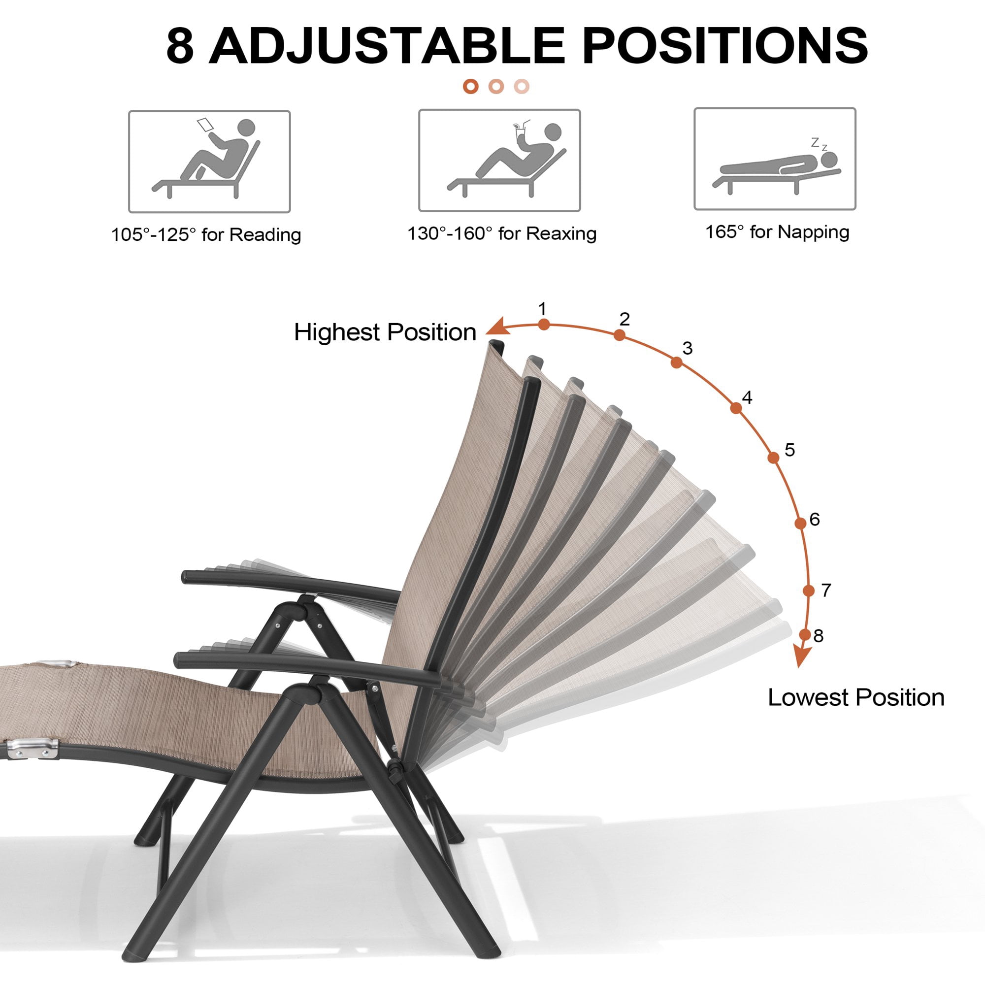 Crestlive Products 2PCS Espresso Outdoor Chaise Lounge Chairs Aluminum Folding Recliners