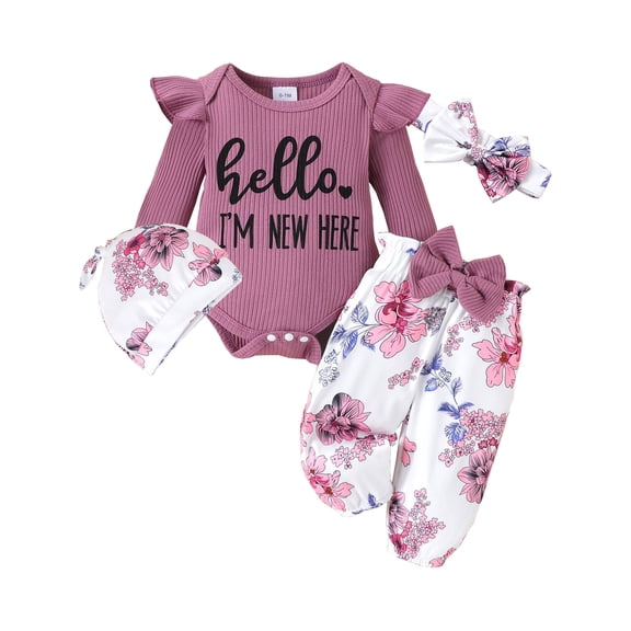 HWJAD Newborn Infant Baby Girl Clothes Outfits Rib Romper Floral Pants with Headband Hat Winter Clothing Set