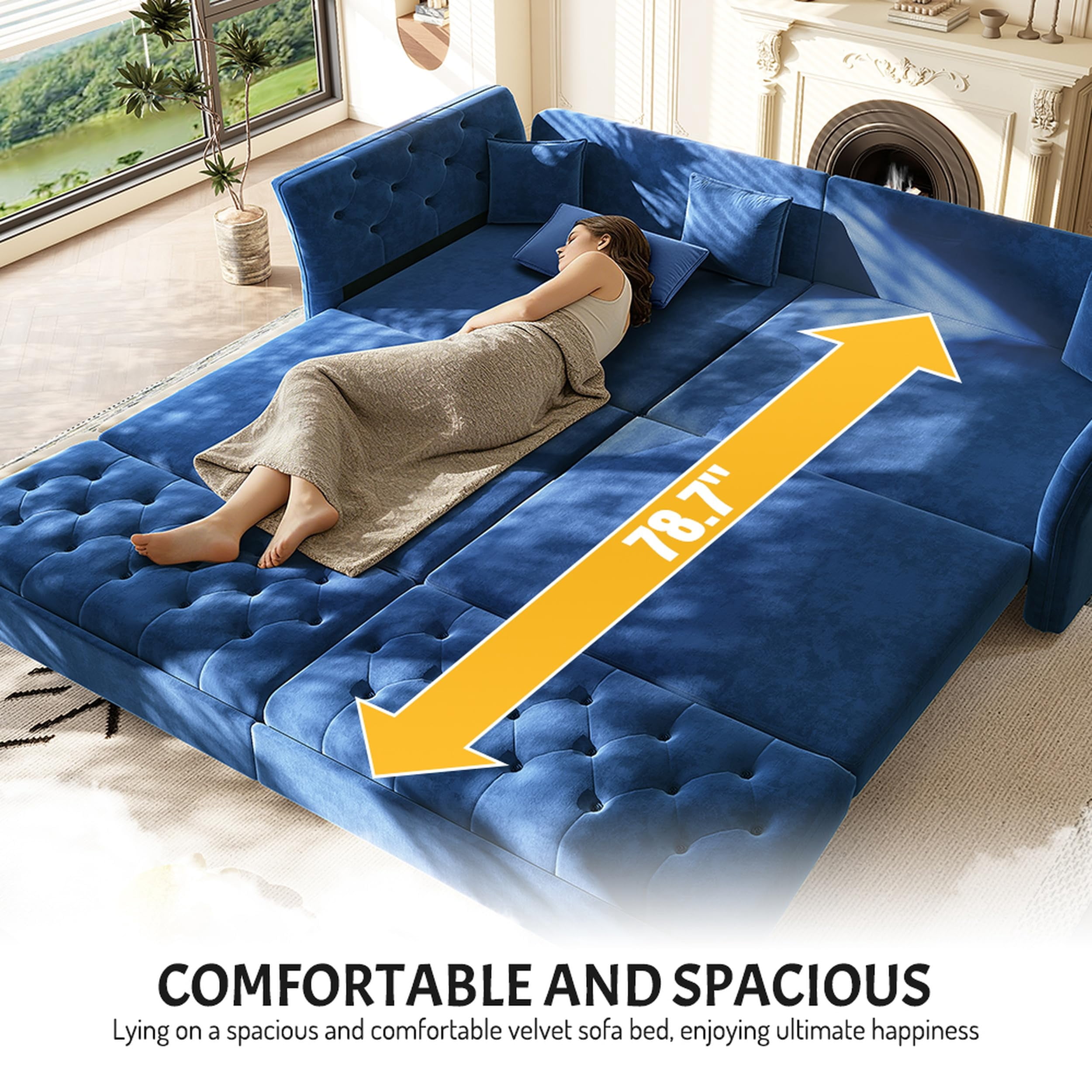 100" Oversize Velvet Sofa Bed, Blue Pull-Out Sleeper Loveseat with Handmade Flower Tufted Design, Convertible Sofa for Living Room, Bedroom, Apartment