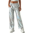 thumbnail image 3 of Pxiakgy Womens Shiny Metallic High Waist Stretchy Jogger Pants Holographic Hip Hop Club Wear Streetwear Women's Metallic Shiny Trousers Elastic Waistband Loose Casual Long Trousers Plain Look White S, 3 of 6
