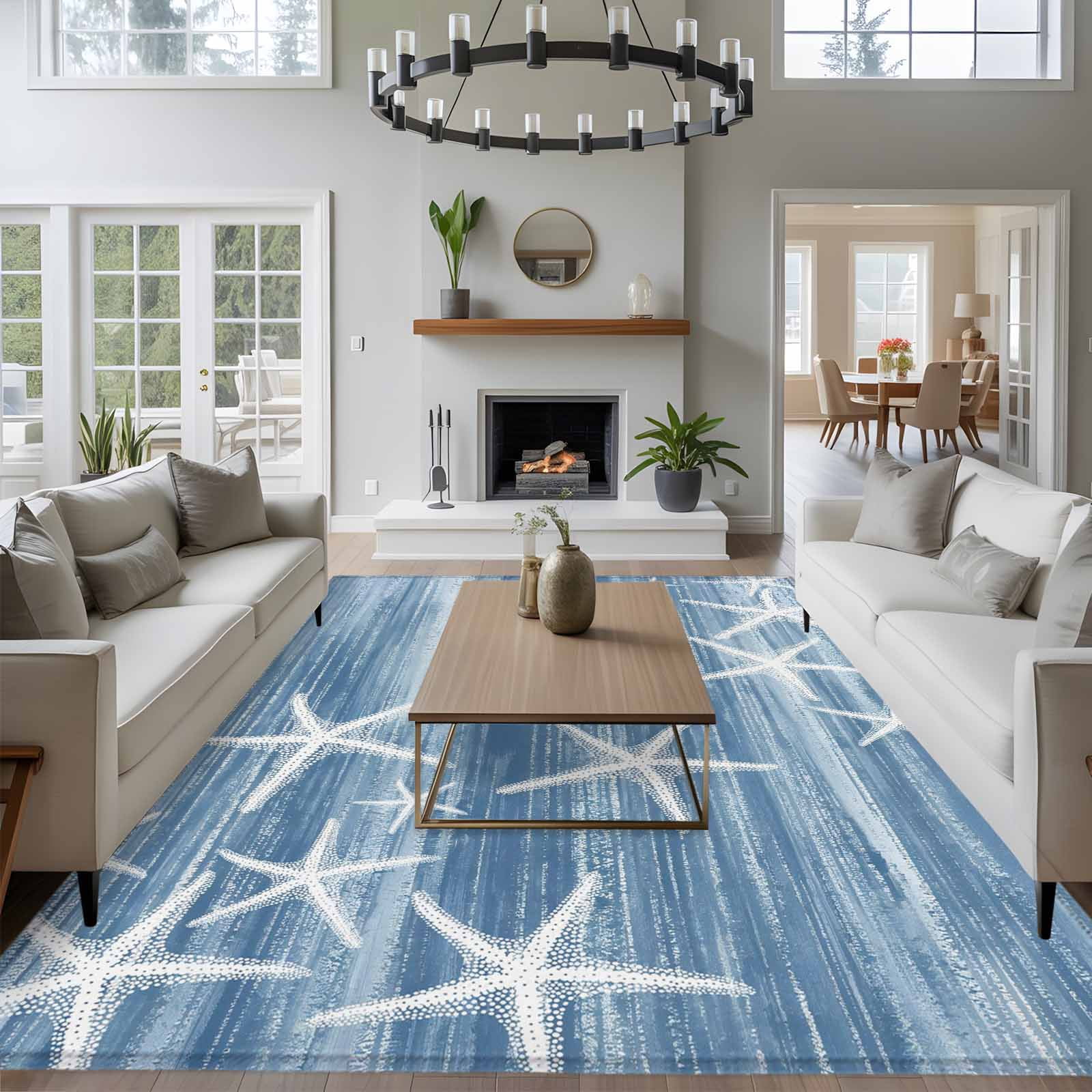 Rectangle Area Rugs 5 x 7 Ft, Blue Coastal Non-Slip Residential Carpet, Summer Ocean Waves Ombre Sea Starfish Indoor Crawling Mats Runner Rugs for Living Room/Dining Room/Bedroom