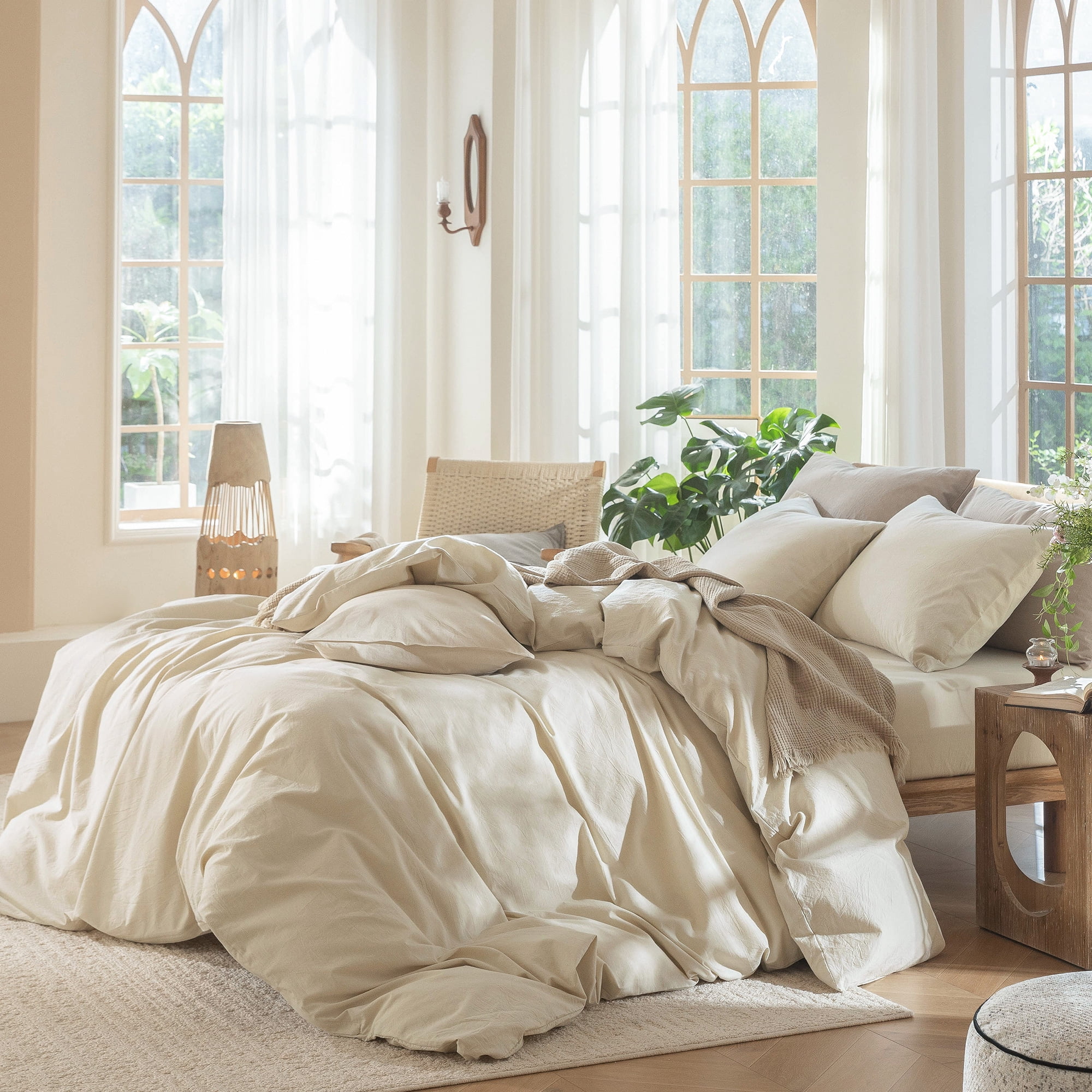MooMee 100% Washed Cotton Duvet Cover Set Full Size Linen Like Textured Breathable 3-Piece (Almond Milk Grey, 80"x90")