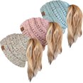 thumbnail image 1 of SURJDE Women's Beanie Ponytail Messy Bun BeanieTail Multi Color Ribbed Hat Cap, 1 of 6