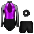 thumbnail image 2 of YONGHS Kids Girls Gymnastics Mesh Patchwork Long Sleeve Leotard with Shorts Hairband Dance Unitards Purple&Black 12, 2 of 7