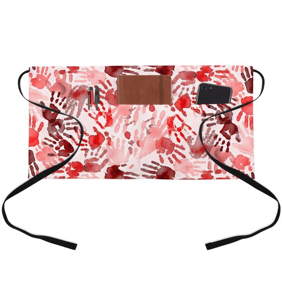 Halloween Waitress Apron with 3 Pockets, Scary Horror Pink Red Ombre Footprint Server Aprons Waterproof Kitchen Restaurant Half Waist Apron for Men Women
