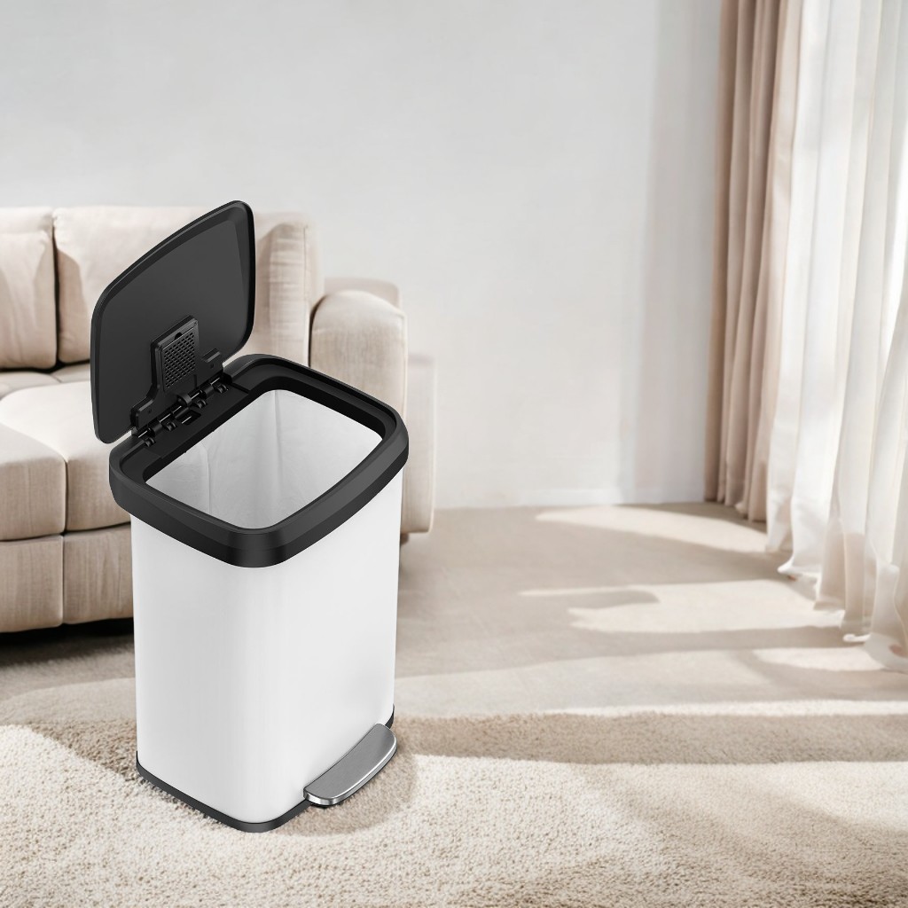 LEDREM 13 Gallon Stainless Steel Kitchen Trash Can , Stay-Open Lid with Step Pedal & Odor Filter , Large Capacity Bin ,White and Black