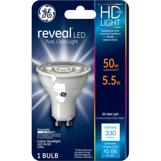 GE Reveal LED Indoor Flood Light Bulbs, 5.5 Watts (50 Watt Equivalent), HD+ Light, GU10 base, Pack) -