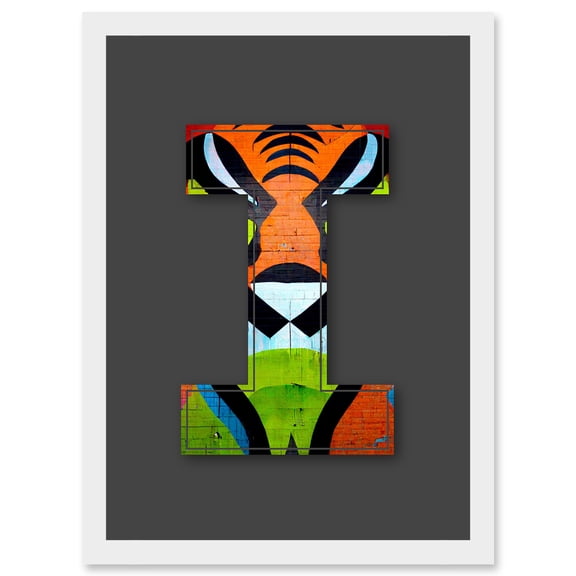 Letter I Tiger Face Orange White Black Decorative Graffiti Mural Alphabet Initial Stencil Artwork Framed Wall Art Print A4