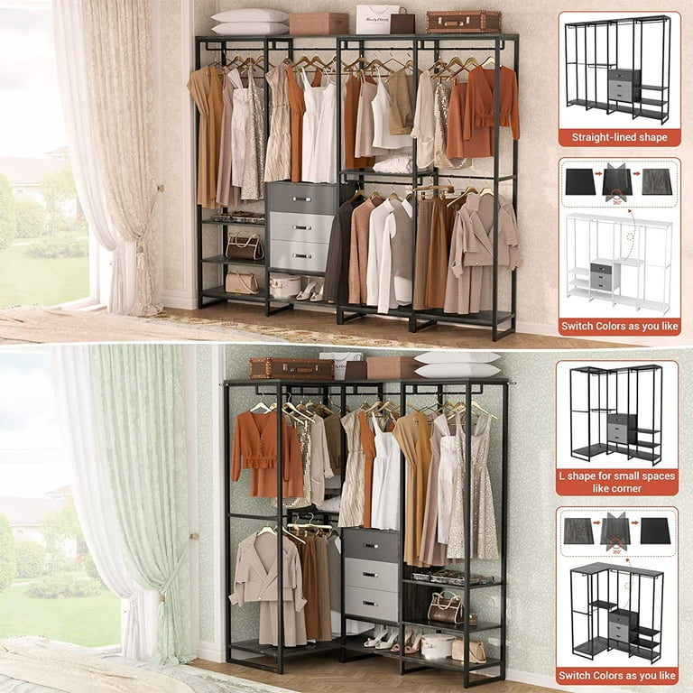 Homieaay Large Closet System Heavy Duty Clothes Rack with 3 Wood Drawers Walk in Closet Organizer with 11 Shelves for Checkroom Bedroom 74