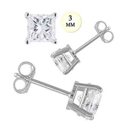 Cut Simulated Diamond Studs - Kotela 910333mm 14K 0.50 CT White Gold Stud Earring with Aprx 3 mm Each Princess Cut Simulated Diamond