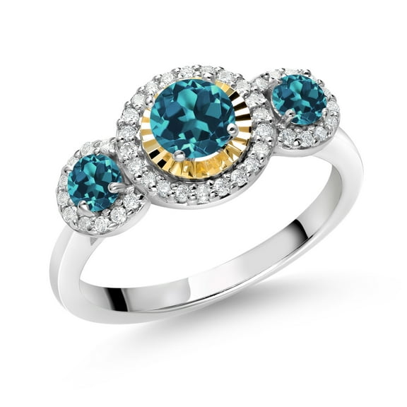 Gem Stone King 0.80 Ct Round London Blue Topaz 925 Silver and 10K Yellow Gold 3 Stone Women's Lab Grown Diamond Ring (Size 5)