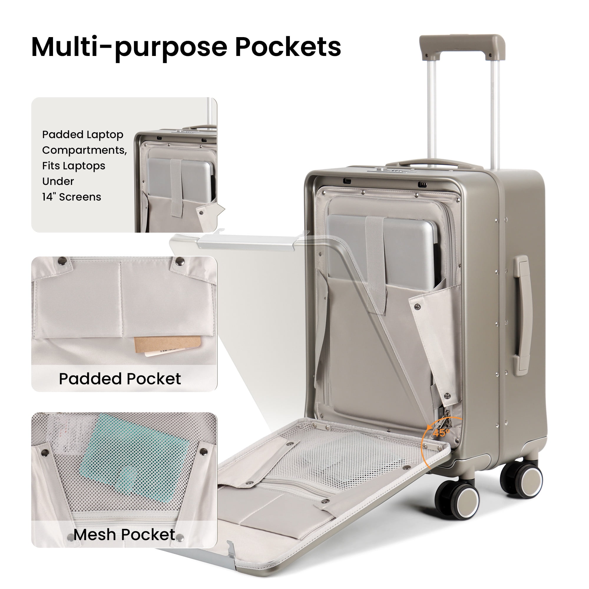 New York Xpress 20" Zipperless Carry-on Luggage, Hardside Aluminum Frame Suitcase with Spinner Wheels, TSA Approved, Silver - LA266