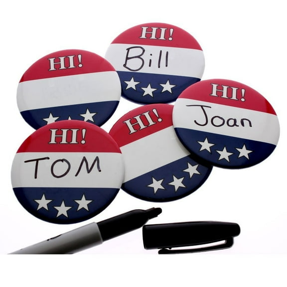 Name Badge Button Pins Write-on, Patriotic Colors Pkg of 24