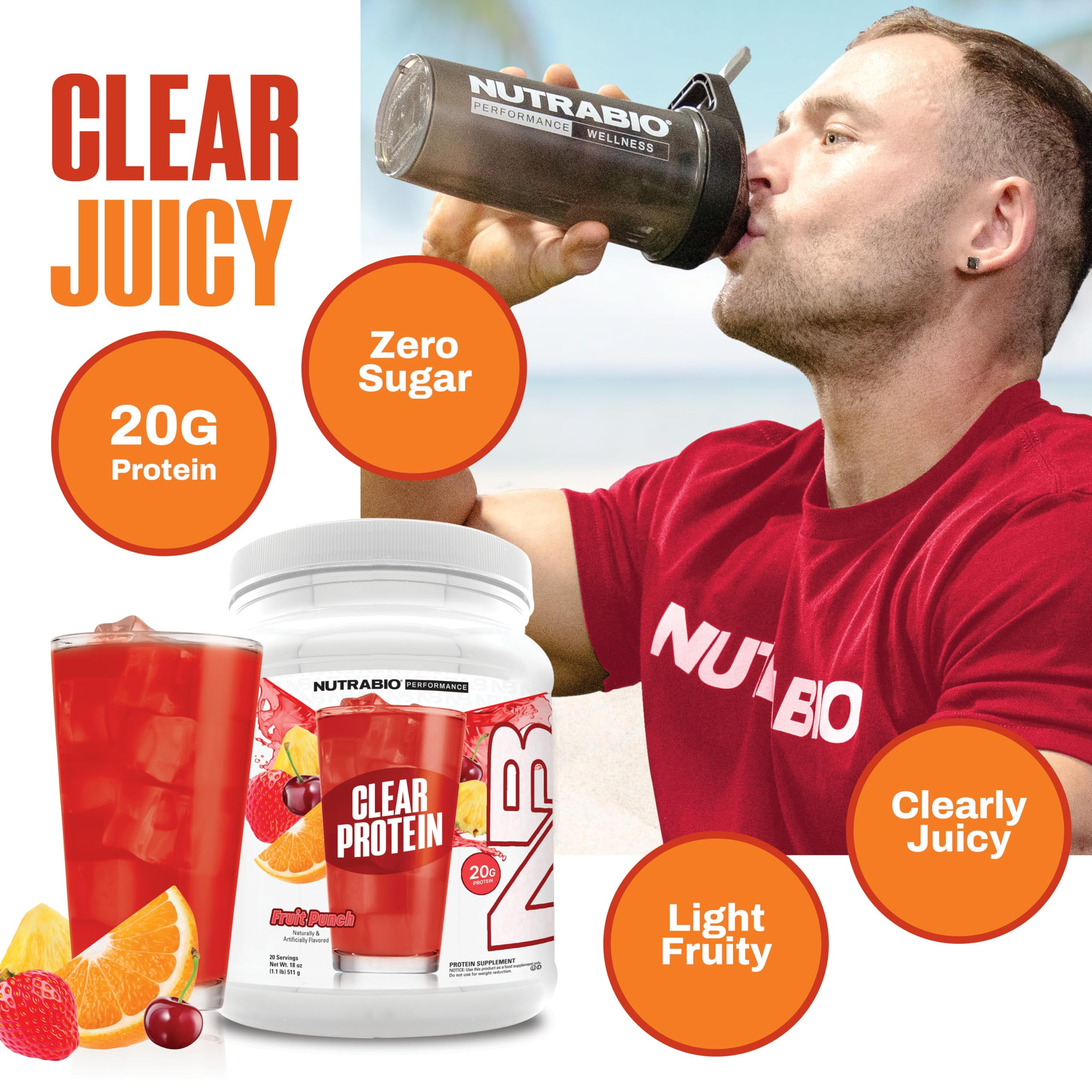 NutraBio Clear Whey Isolate Protein Powder, Delicious & Refreshing Fruit Flavors, Protein Juice, No Milky Taste, No Foam, Zero Sugar, Fruit Punch, 20 Servings
