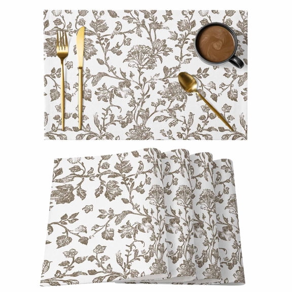 Vintage Brown Floral Placemats Set of 2, Farmhouse Flower Non-Slip Place Mats Washable Table Mats for Kitchen Dining Table Decorations Indoor/Outdoor