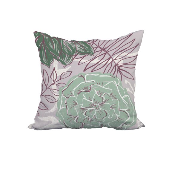 20 x 20 Inch Green Floral Print Decorative Polyester Throw Pillow with a Linen Texture