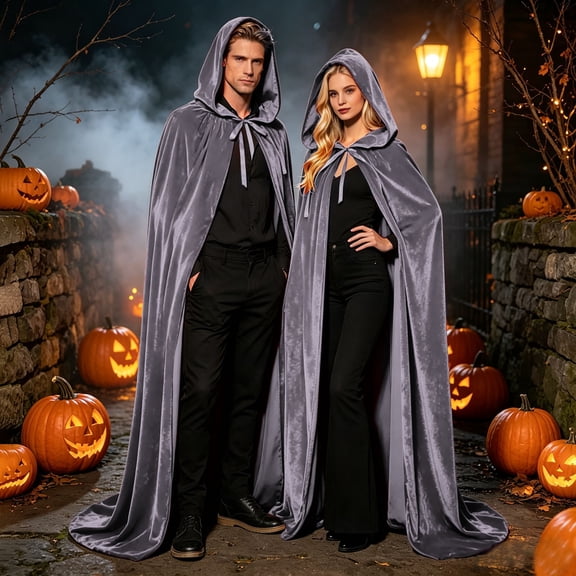 Huowey Witch Cloak With Hood Women Gothic Vampire Halloween Costumes Cape Vintage Tie Front Fancy Dress-Up Party Robe,Grey,XXXXL