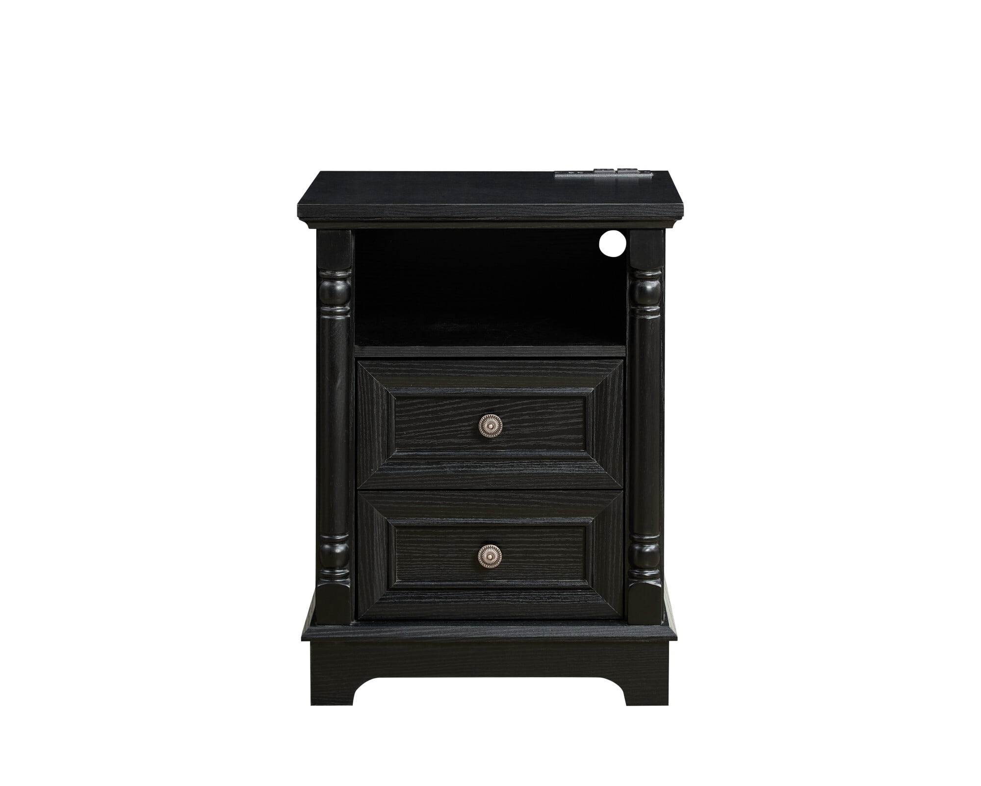 AENKYO Farmhouse 2-Drawer Nightstand with Charging Station, Rustic Wooden End Table for Bedroom & Living Room, Black