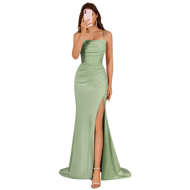 Vestido de dama de honor KNCERY de satén verde salvia para mujer, talla 8