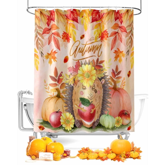 Fall Thanksgiving Shower Curtain Set ,Waterproof Fabric Shower Curtains Fruit Maple Leaves Hedgehog Pumpkin Watercolor Shower Curtains for Bathroom,Bathroom Decor 66"x72"