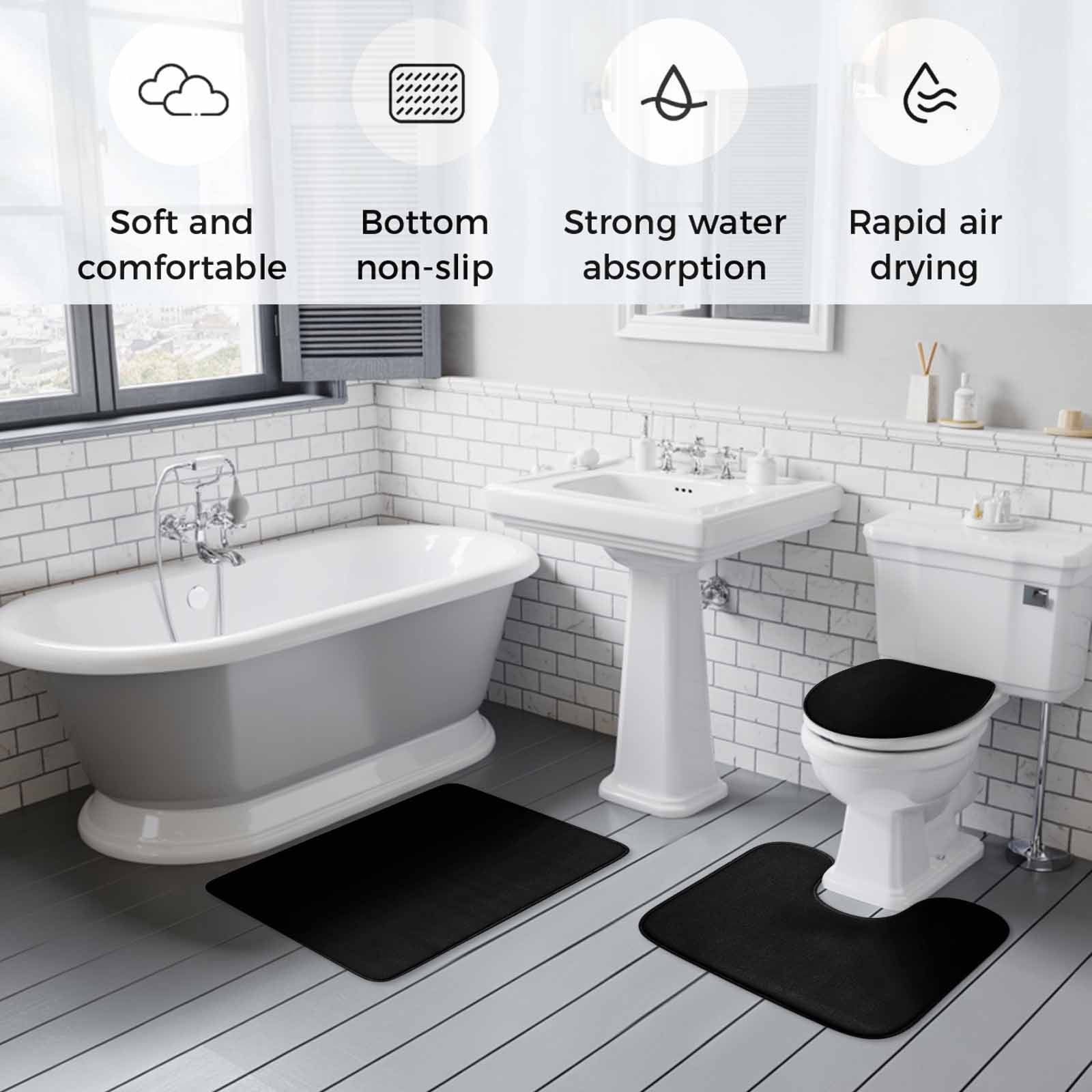 Black Bath Mat 3 Piece Bathroom Rug Set, Pure Black Non Slip Bath Rug Contour Mat and Toilet Lid Cover, Absorbent Shower Mats Soft Bath Rugs and Mats Sets