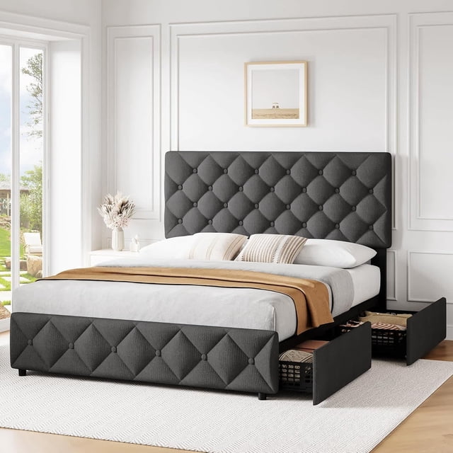 Queen-size marco de cama linen forrado diamond-stitched button tufted con 4 almacenamiento cajones y adjustable cabecero no necesita colchón base (dark gris)