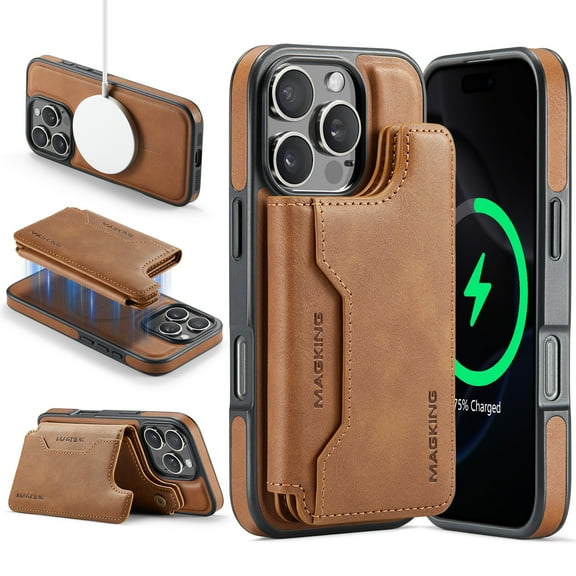 Designed for iPhone 16 Pro Max Wallet Phone Case,Magnetic Detachable Flip Card Holder,Back Flip Kickstand,Compatible with Mag-Safe,2-in-1 PU Leather Heavy Duty Shockproof Phone Case,Brown