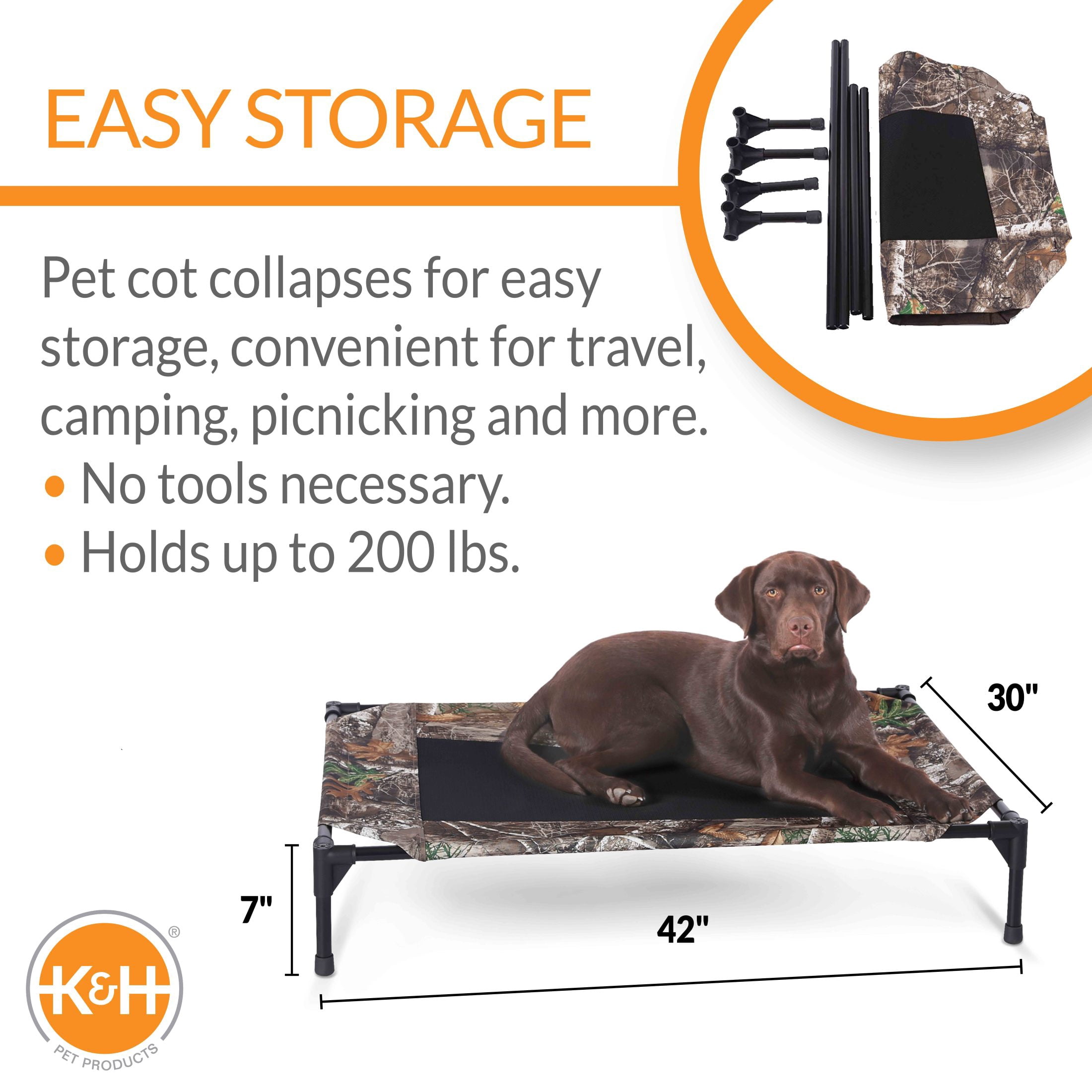 K&H Pet Products Original Pet Cot Elevated Dog Bed Camo/Black Mesh Large 42 X 30 X 7 Inches