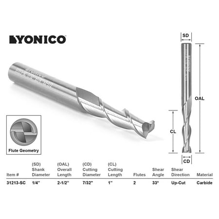 

Yonico CNC Router Bit Up Cut Solid Carbide 7/32 X 1 X 1/4 X 2-1/2 - 31213-SC