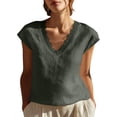 thumbnail image 2 of Women's V-neck Floral Edge Blouse Tops Short Sleeves Loose-fitting Pure Cotton Shirt Lace Trim V Neck Vacation Cap Sleeve Casual Blouses Versatile Short Sleeves Tops Green XL Summer Sales Under $5, 2 of 4