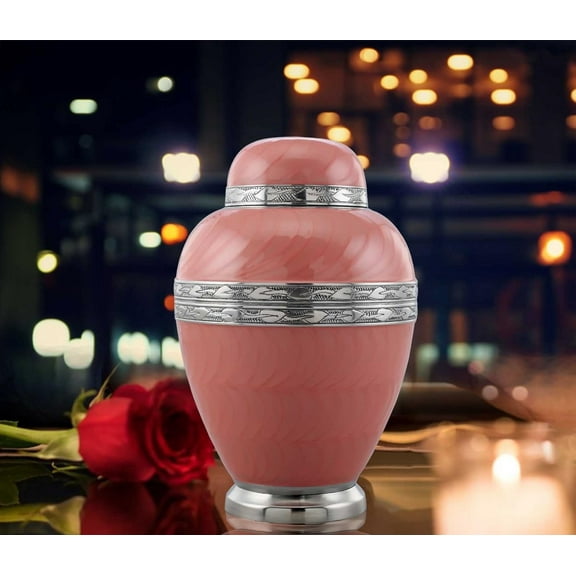Simplicity Adult Cremation Urn (Pink Enamel) | Large Handcrafted Memorial Urn for Human Ashes (Up to 200 lbs) | Elegant Funeral Urn with Secure Lid & Velvet Bag