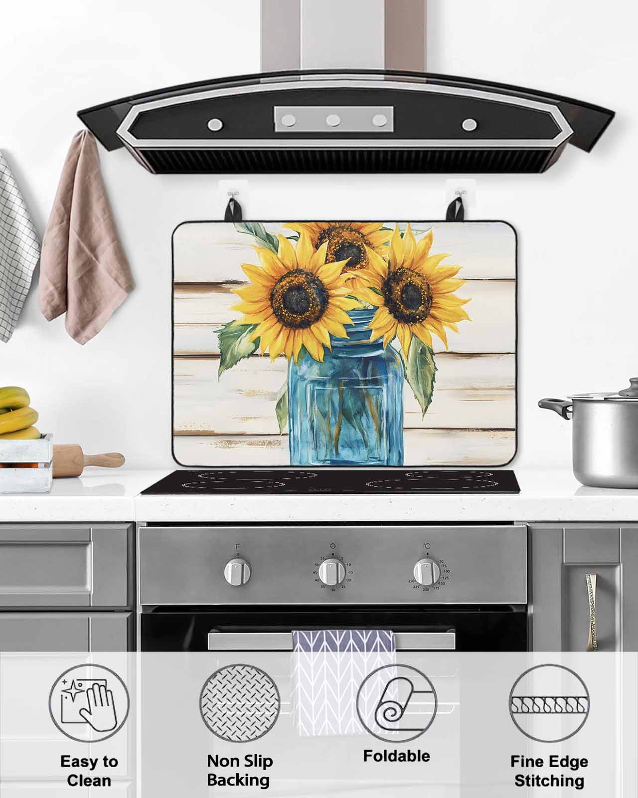 nqOlkjepod Large Induction Cooktop Protector Mat 24"x21", Sunflower Stove Top Covers for Electric Stove, Blue Bottle Yellow Floral Country Woodgrain Stove Burner Cover Mats, Glass Top Stove Cover