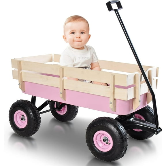 Outdoor Wagons for Kids/Pets, All Terrain Utility Wagon with Wheels, Garden Beach Wagon to Pull for Camping Shopping, Pink